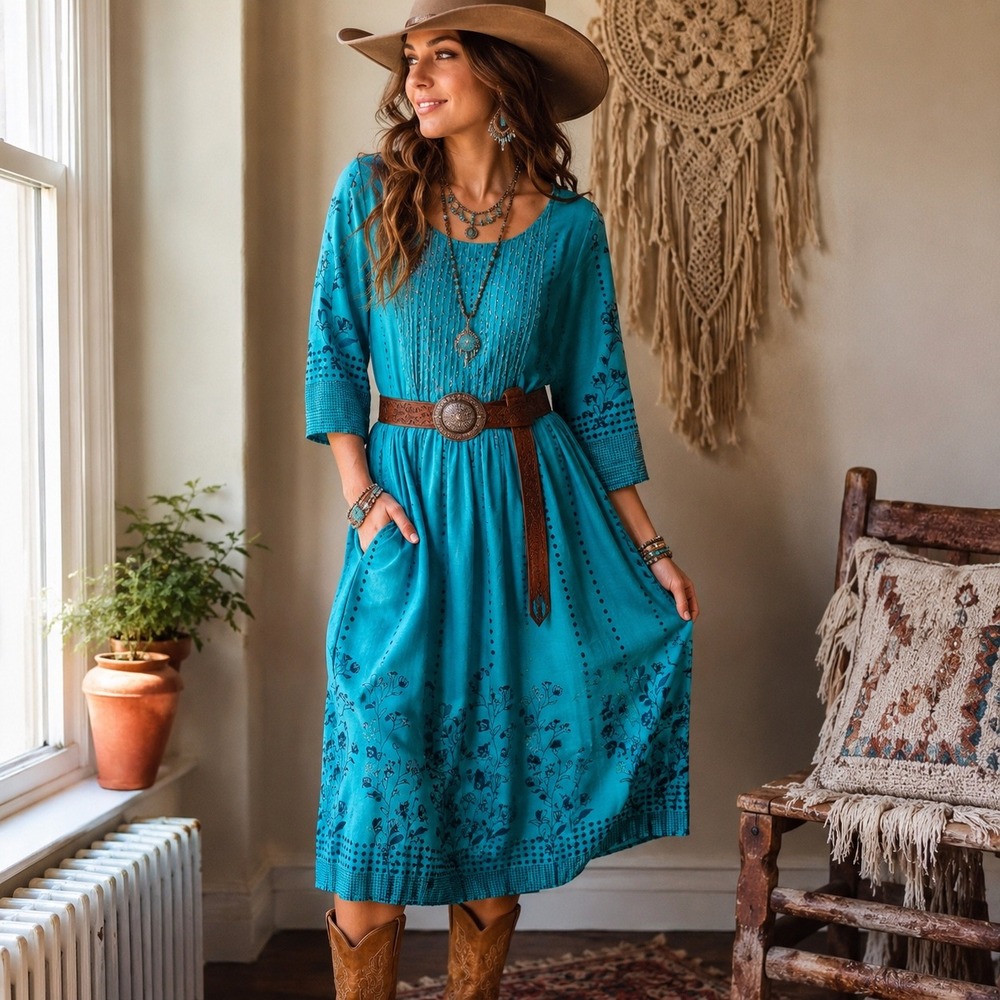 Indian Teal Floral Pintuck Midi Dress Blue Medium Boho Modest 3/4 Sleeve Pocket